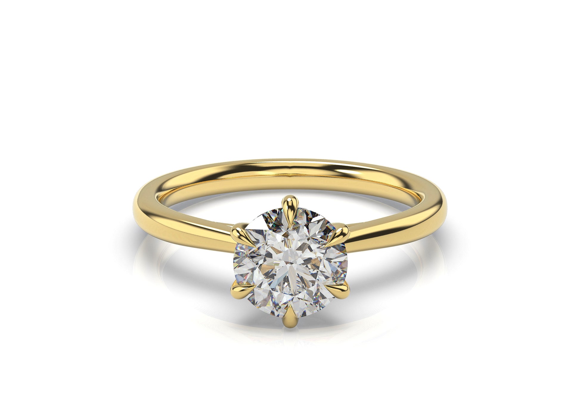 Round Brilliant Yellow Gold Six Claw Solitaire Moissanite Engagement Ring