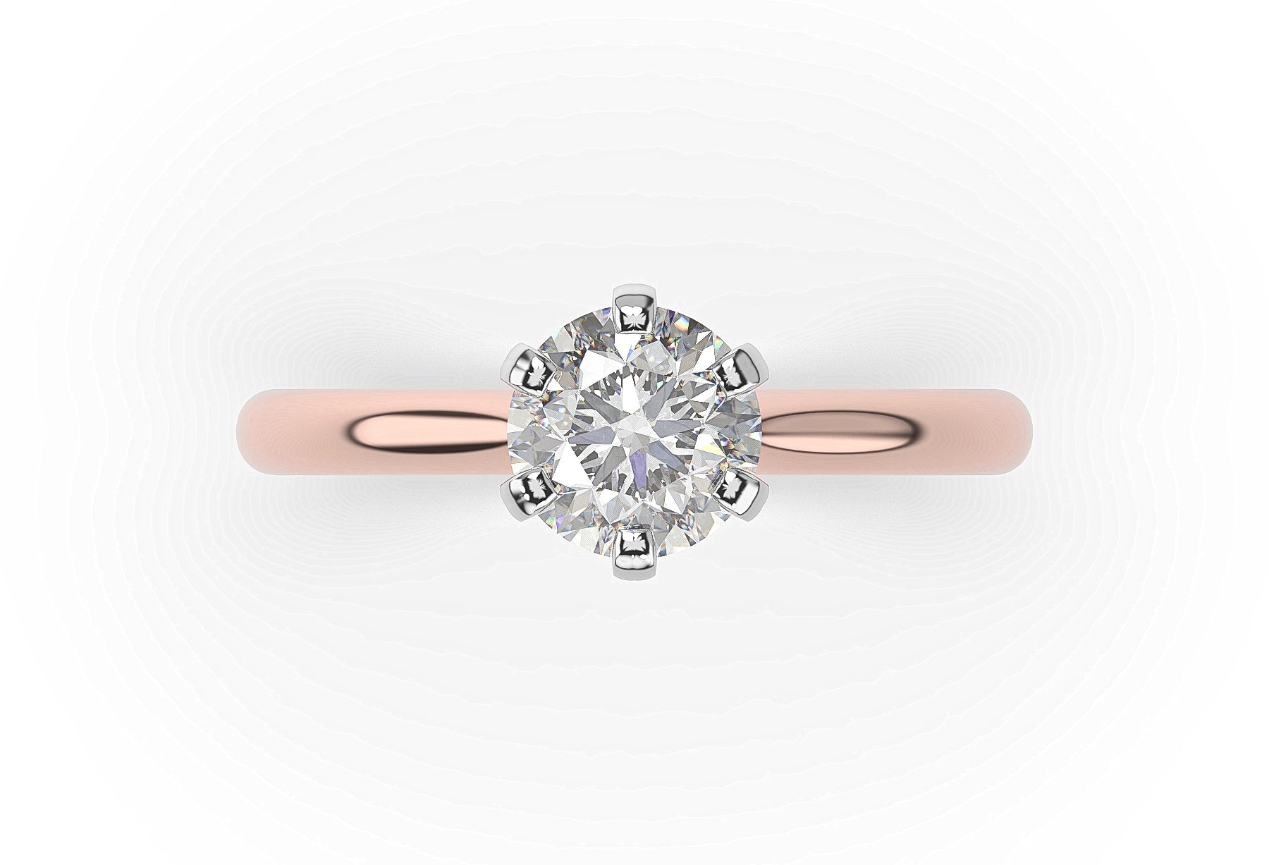 Round Brilliant White & Rose Gold Six Claw Solitaire Moissanite Engagement Ring