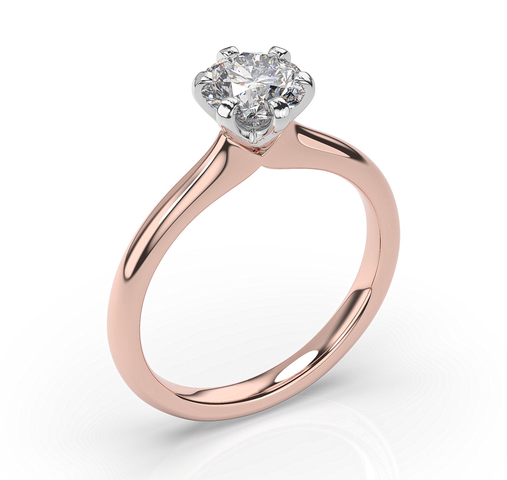 Round Brilliant White & Rose Gold Six Claw Solitaire Moissanite Engagement Ring