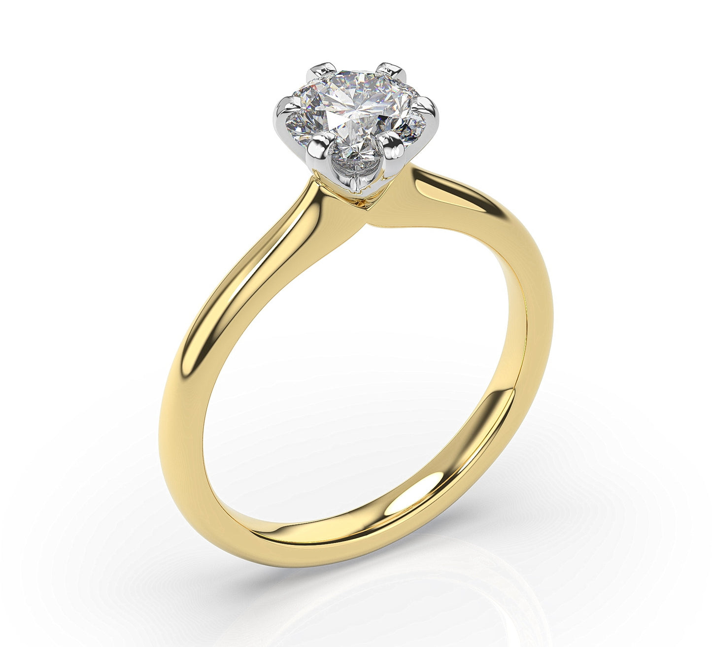 Round Brilliant White & Yellow Gold Six Claw Solitaire Moissanite Engagement Ring