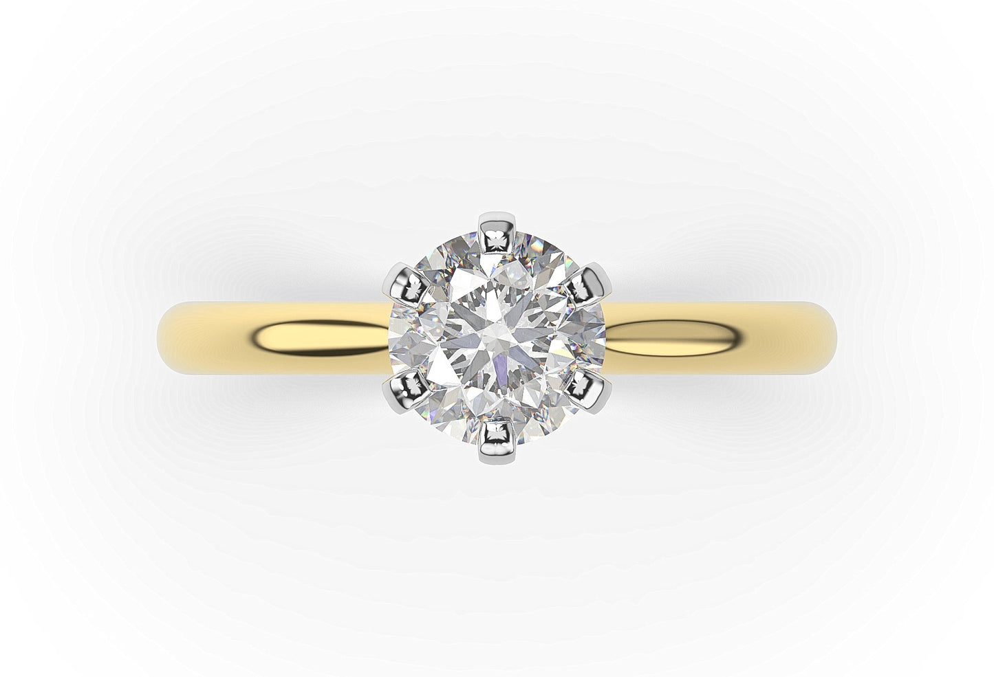 Round Brilliant White & Yellow Gold Six Claw Solitaire Moissanite Engagement Ring