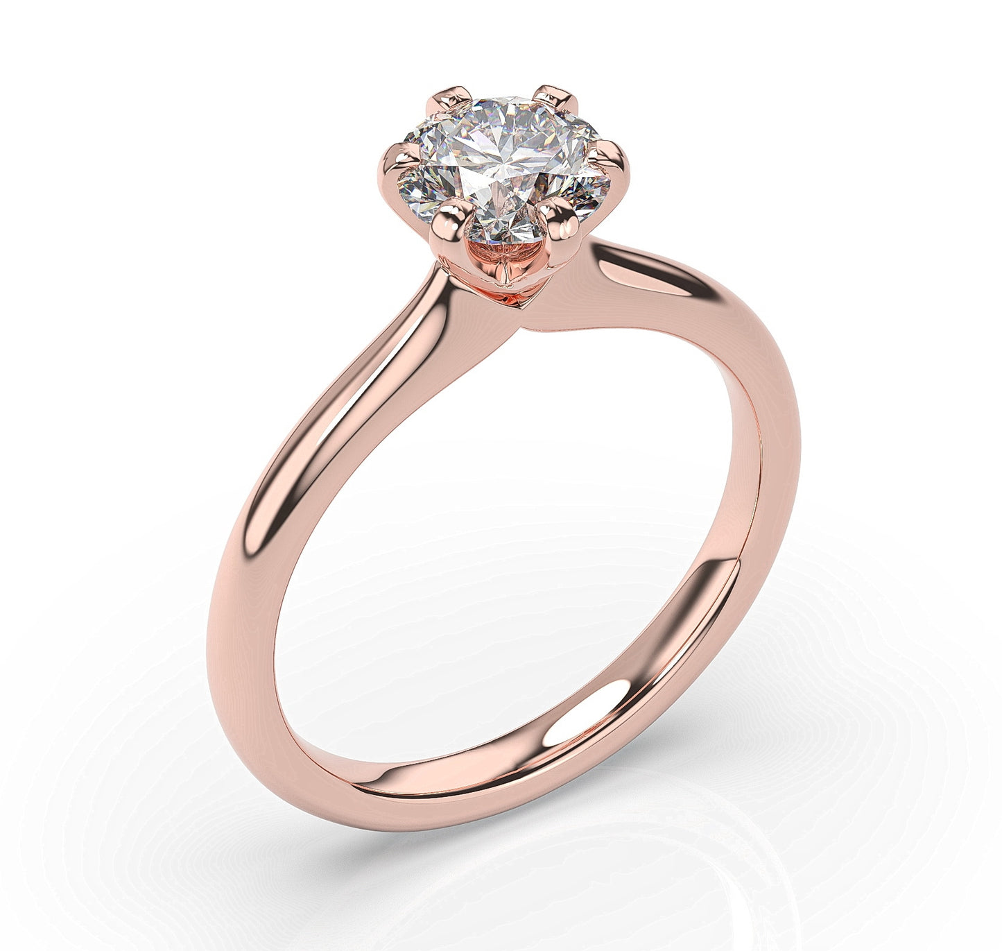 Round Brilliant Rose Gold Six Claw Solitaire Moissanite Engagement Ring