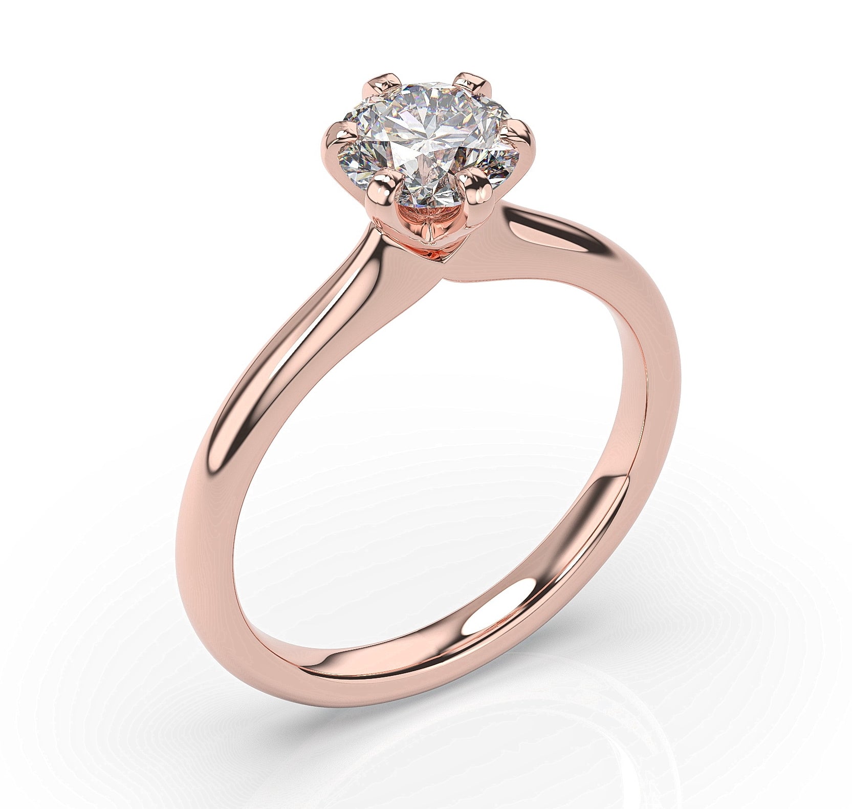 Round Brilliant Rose Gold Six Claw Solitaire Moissanite Engagement Ring
