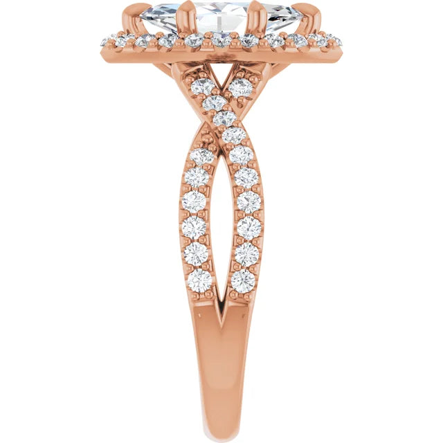 Marquise Rose Gold Twist Band Halo Moissanite Engagement Ring