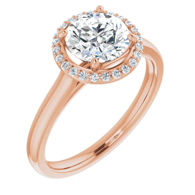 Rose Gold Round Brilliant Halo Solitaire Engagement Ring. Moissanite