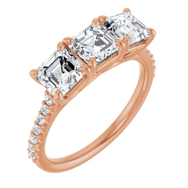 Asscher Rose Gold Tri Stone Moissanite Engagement Ring