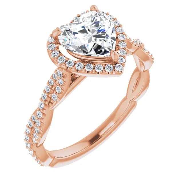 Heart Rose Gold Halo Twist Pave Moissanite Engagement Ring