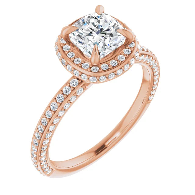 Cushion Rose Gold Halo Pave Style Moissanite Engagement Ring