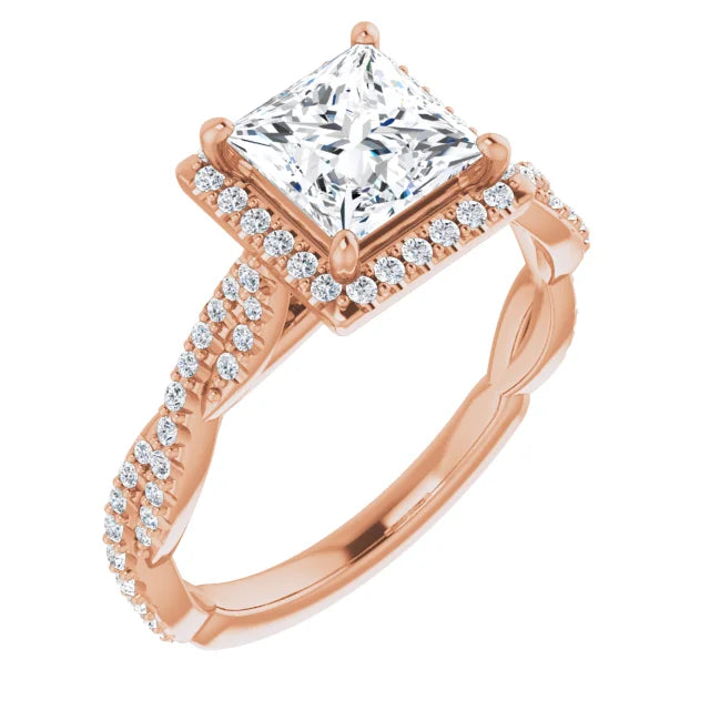 Princess Rose Gold Halo Twist Pave Moissanite Engagement Ring