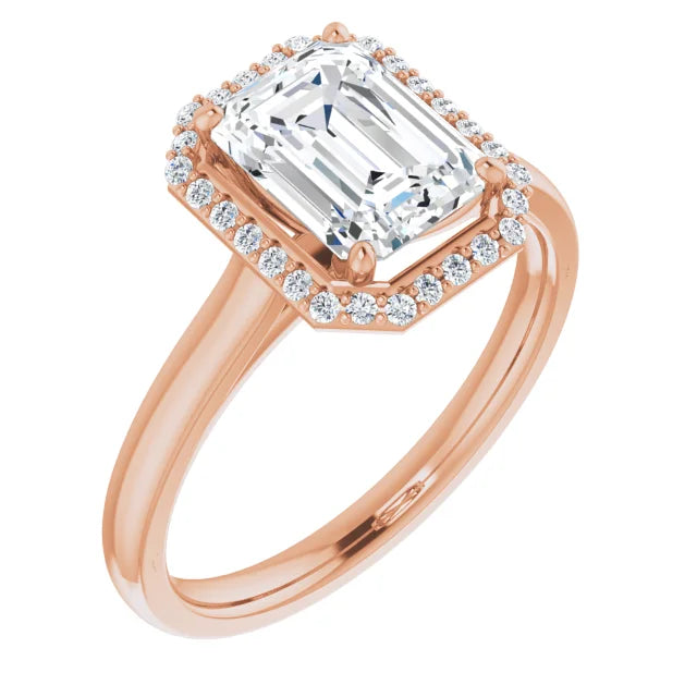 Emerald Halo Solitaire Moissanite Engagement Ring Rose Gold.