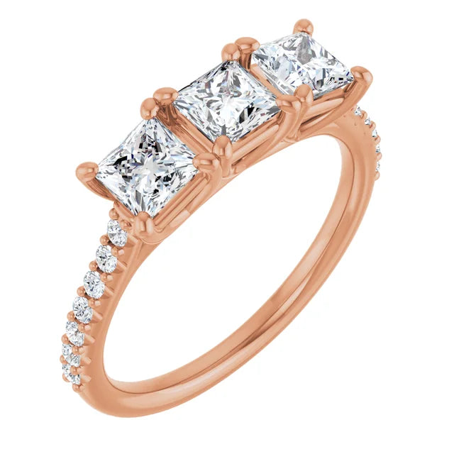 Princess Rose Gold Tri Stone Moissanite Engagement Ring