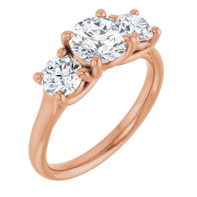 Round Brilliant Rose Gold Tri Stone Moissanite Engagement Ring
