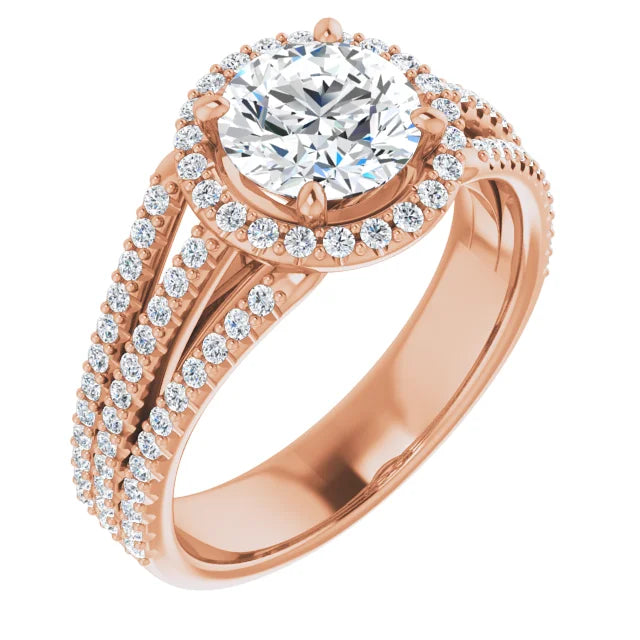 Round Brilliant Rose Gold Halo Split Pave Moissanite Engagement Ring
