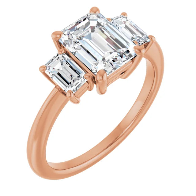 Emerald Rose Gold Tri Stone Moissanite Engagement Ring