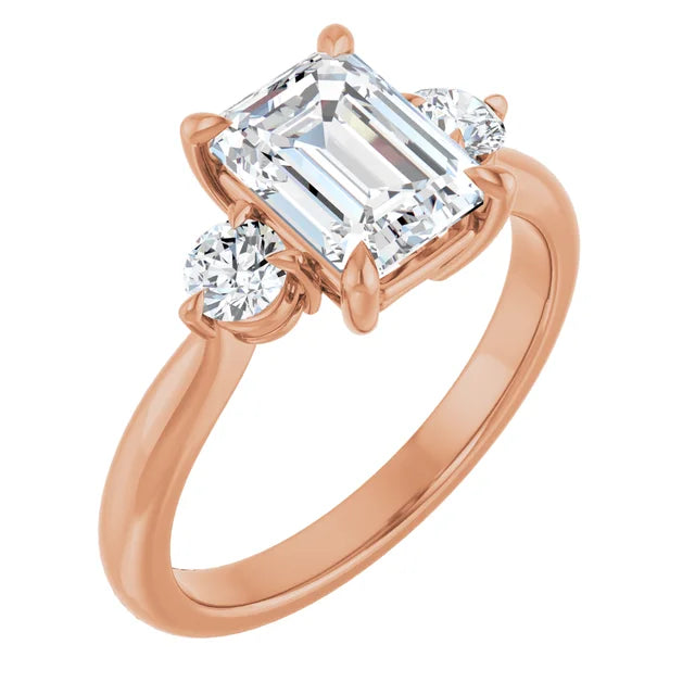 Emerald Rose Gold Tri Stone Moissanite Engagement Ring