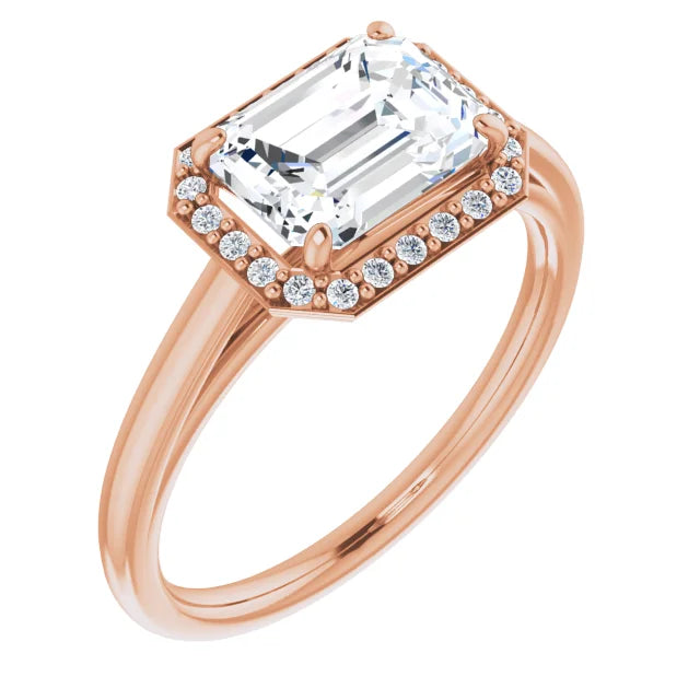 Emerald Rose Gold East West Halo Moissanite Engagement Ring