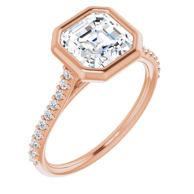 Asscher Rose Gold Bezel Pave Moissanite Engagement Ring