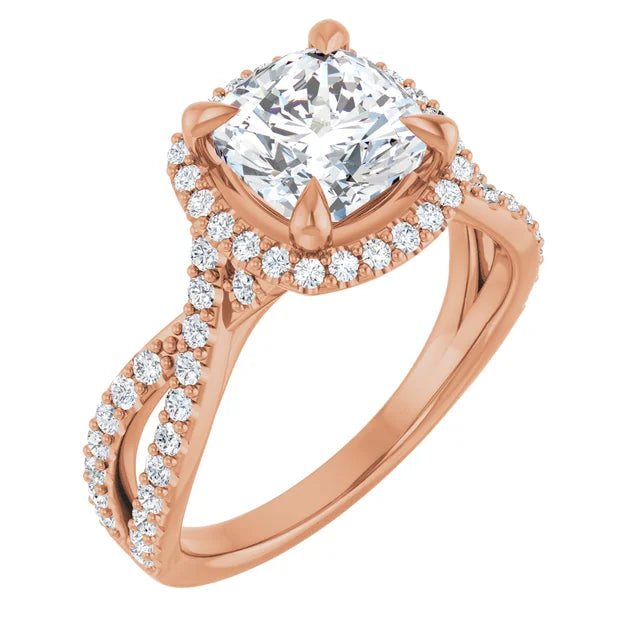 Cushion Rose Gold Twist Band Halo Moissanite Engagement Ring