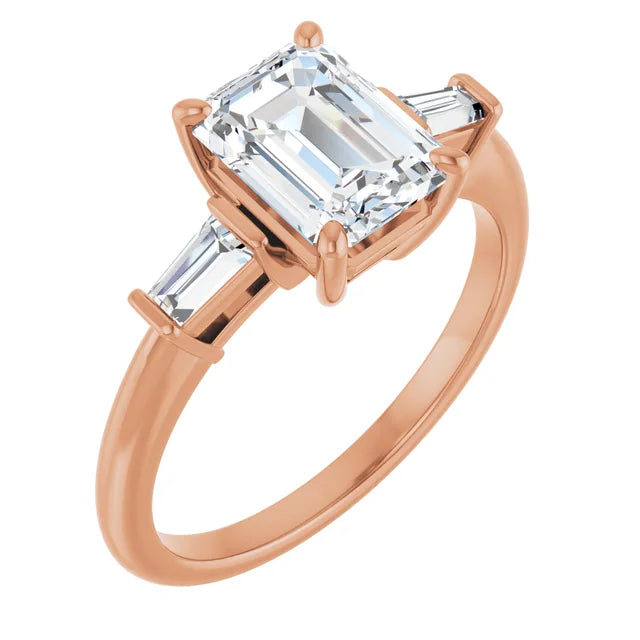 Emerald Rose Gold Baguette Accent Moissanite Engagement Ring