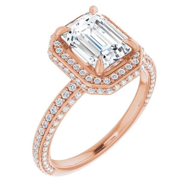 Emerald Rose Gold Halo Pave Style Moissanite Engagement Ring