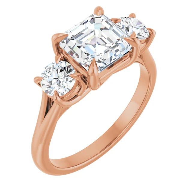 Asscher Rose Gold Tri Stone Moissanite Engagement Ring
