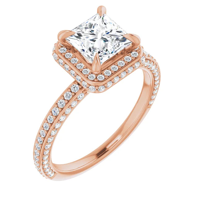 Princess Rose Gold Halo Pave Style Moissanite Engagement Ring