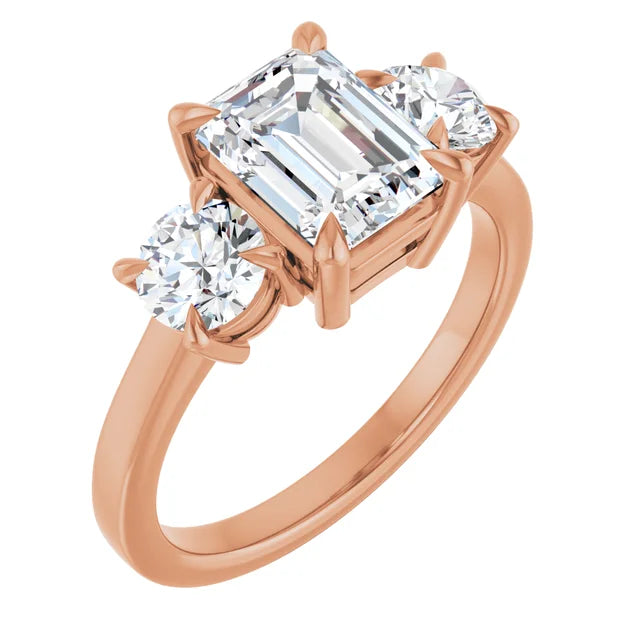 Emerald Rose Gold Tri Stone Moissanite Engagement Ring
