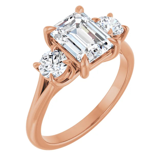 Emerald Rose Gold Tri Stone Moissanite Engagement Ring