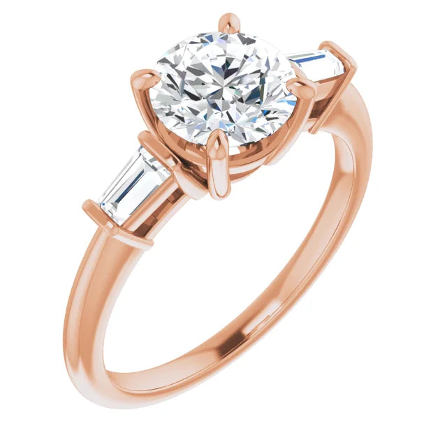 Round Brilliant Rose Gold Baguette Accent Moissanite Engagement Ring
