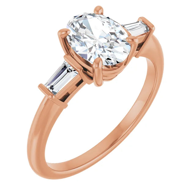 Oval Rose Gold Baguette Accent Moissanite Engagement Ring