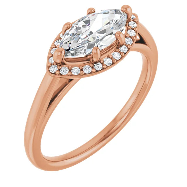 Marquise Rose Gold East West Halo Moissanite Engagement Ring