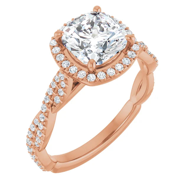 Cushion Rose Gold Halo Twist Pave Moissanite Engagement Ring