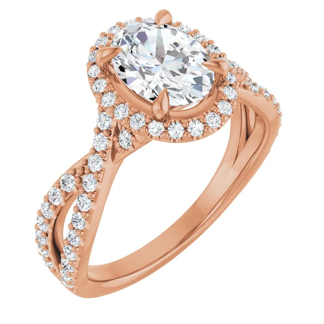 Oval Rose Gold Twist Band Halo Moissanite Engagement Ring