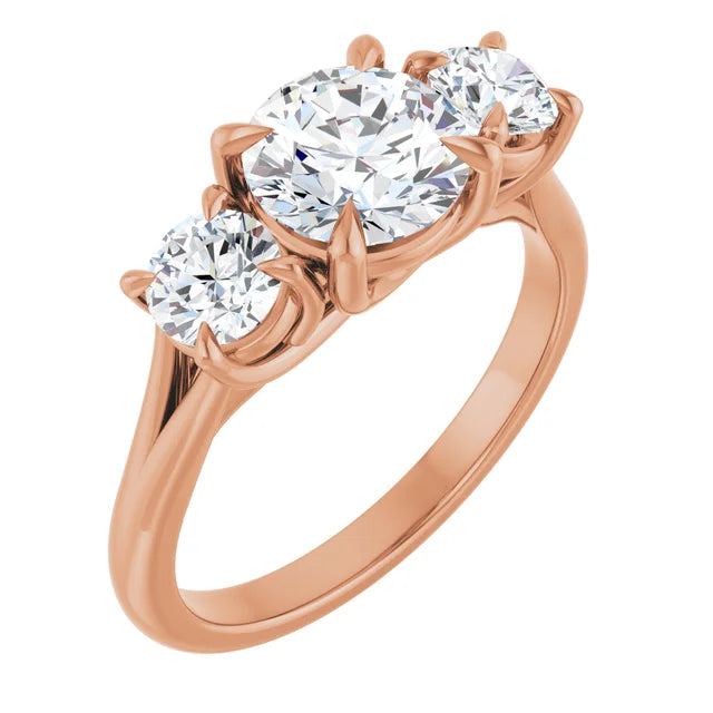 Round Brilliant Rose Gold Tri Stone Moissanite Engagement Ring