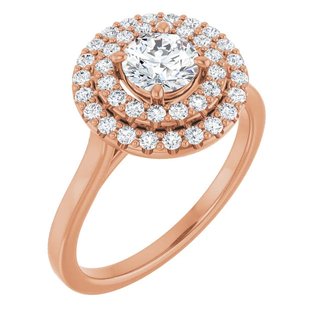 Round Brilliant Rose Gold Double Halo Solitaire Moissanite Engagement Ring