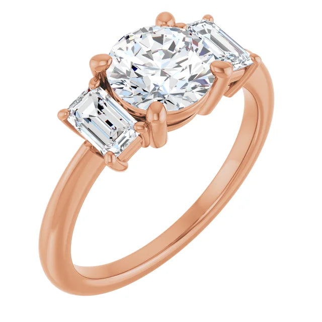 Round Brilliant Rose Gold Tri Stone Moissanite Engagement Ring