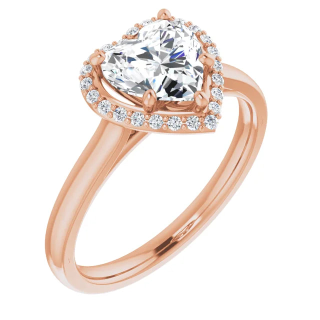 Rose Gold Heart Halo Solitaire Engagement Ring. Moissanite