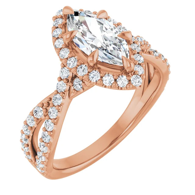 Marquise Rose Gold Twist Band Halo Moissanite Engagement Ring