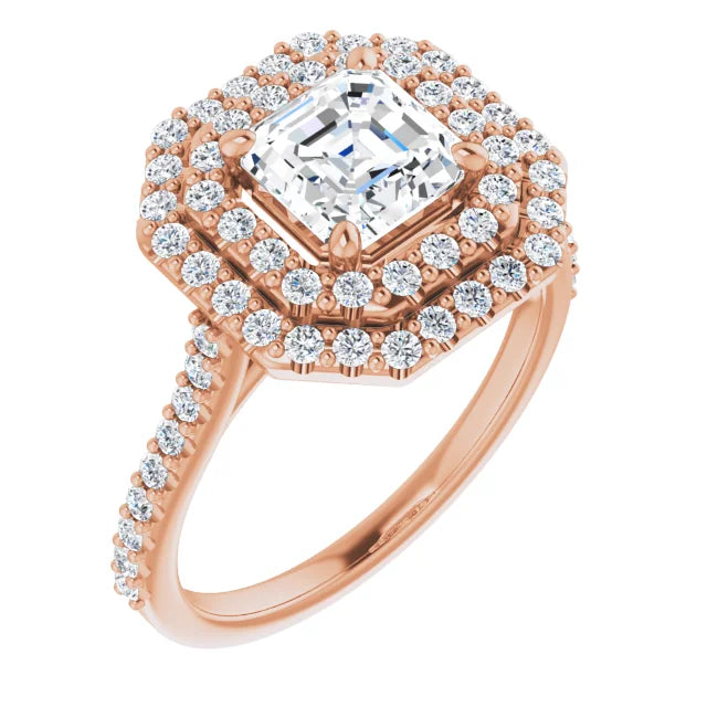Asscher Double Halo Rose Gold Moissanite Engagement Ring