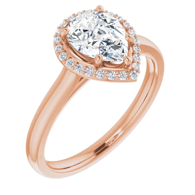 Rose Gold Pear Halo Solitaire Engagement Ring. Moissanite