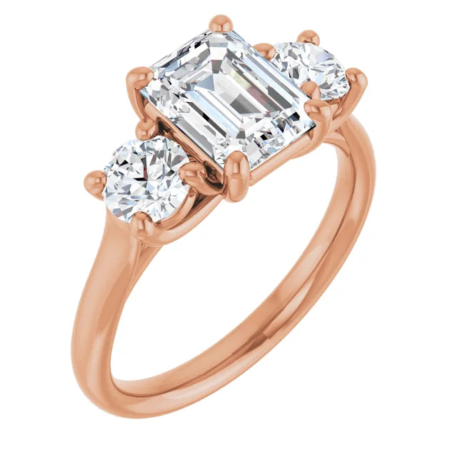 Emerald Rose Gold Tri Stone Moissanite Engagement Ring
