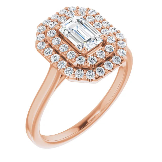 Emerald Rose Gold Double Halo Solitaire Moissanite Engagement Ring