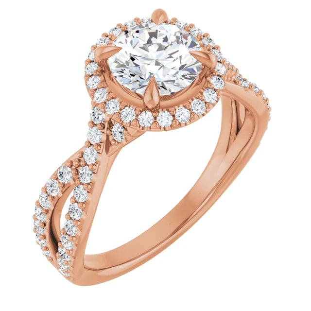 Round Brilliant Rose Gold Twist Band Halo Moissanite Engagement Ring
