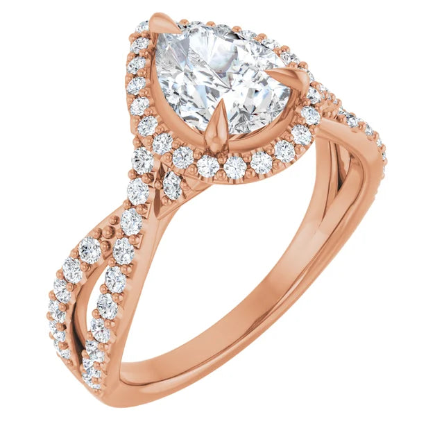 Pear Rose Gold Twist Band Halo Moissanite Engagement Ring