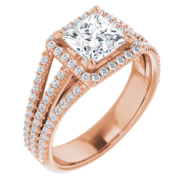 Princess Rose Gold Halo Split Pave Moissanite Engagement Ring