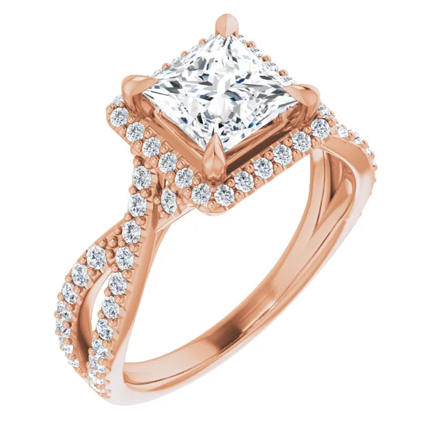 Princess Rose Gold Twist Band Halo Moissanite Engagement Ring