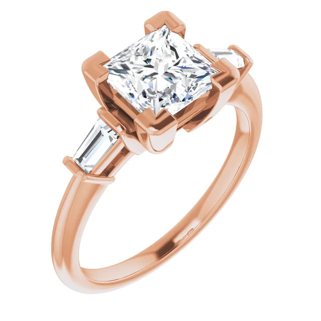 Princess Rose Gold Baguette Accent Moissanite Engagement Ring