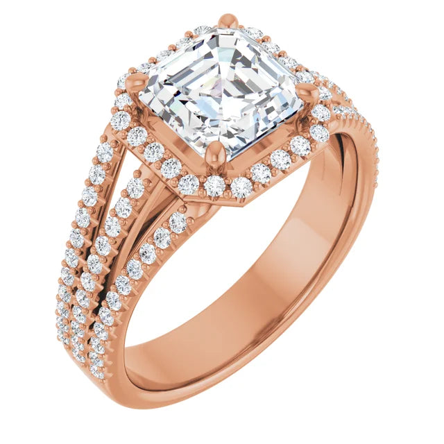 Asscher Rose Gold Halo Split Pave Moissanite Engagement Ring