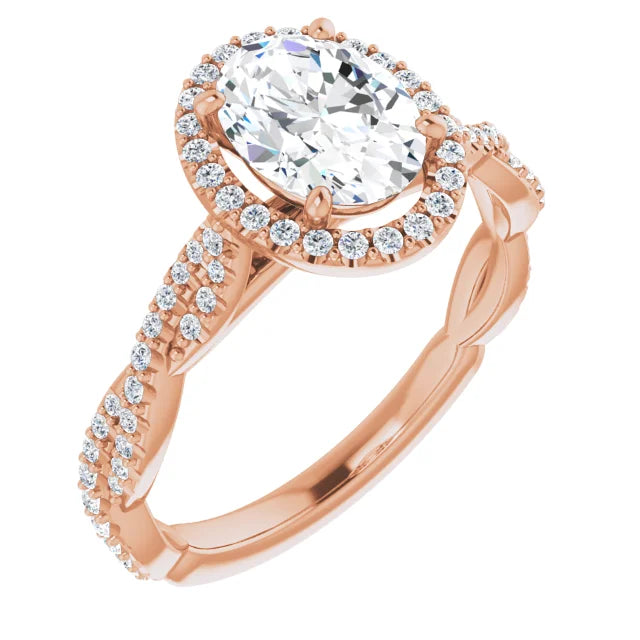 Oval Rose Gold Halo Twist Pave Moissanite Engagement Ring