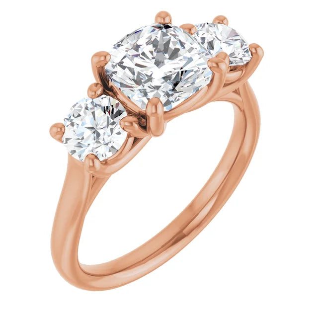 Cushion Rose Gold Tri Stone Moissanite Engagement Ring